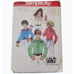 Vintage Simplicity 7244 Sewing Pattern 1970s Boys Girls Western Shirt Size 8 Cut